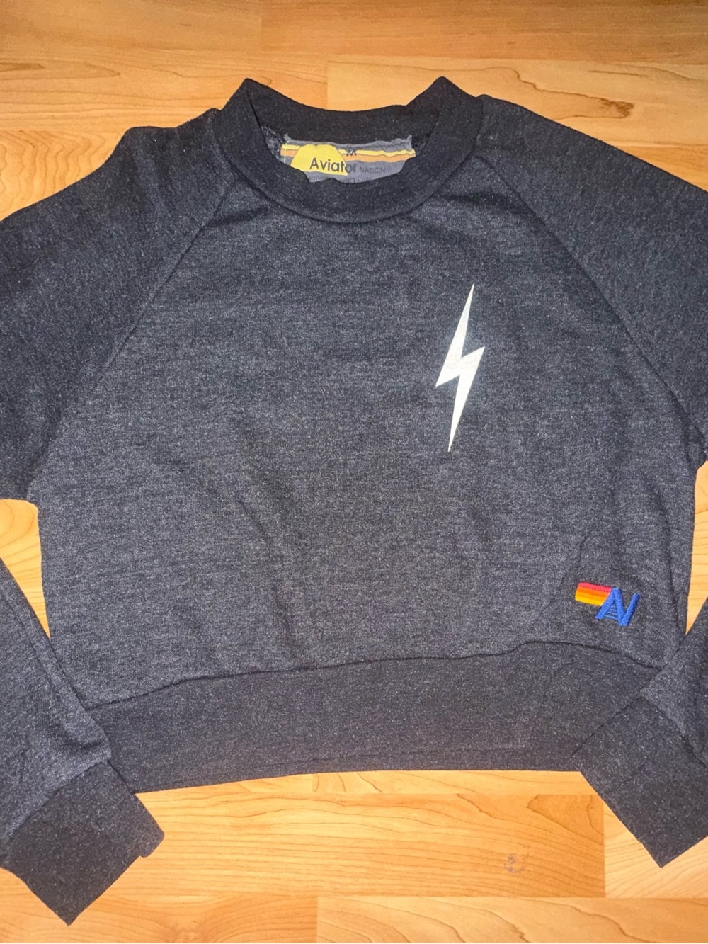 Aviator Nation Women's Dark Gray Lightning Crewneck with Rainbow Patch